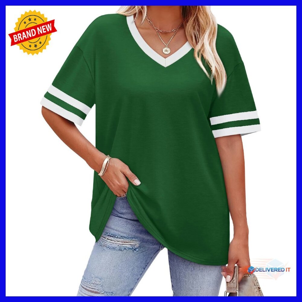 Loose Fit V-Neck Short Sleeve Tee - Polyester Rayon Spandex - Summer Top